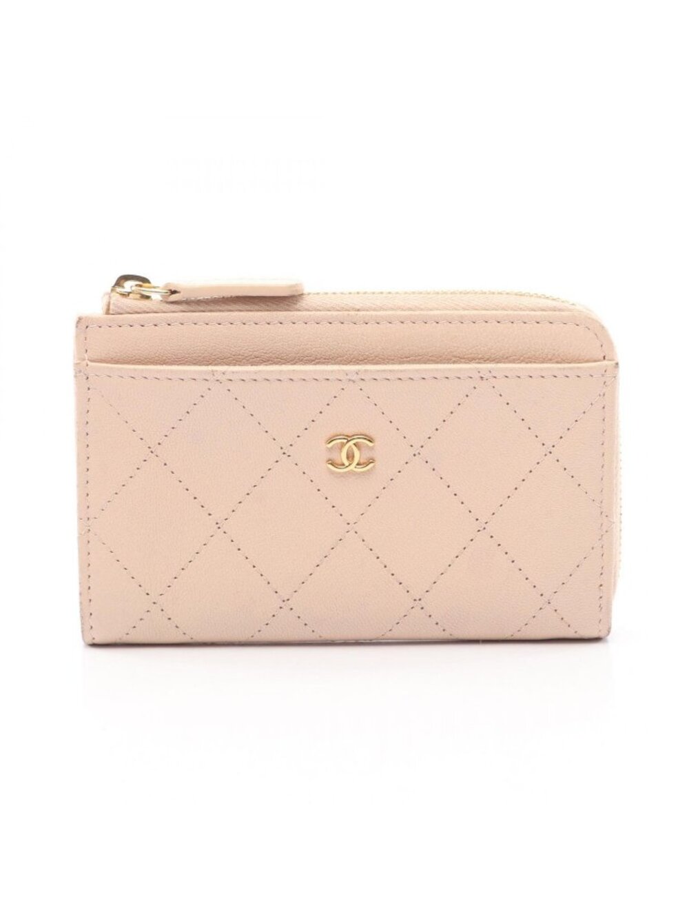Chanel Coin Purse CC Logo Zip Card Case Pink Beige Leather Quilted Fragment